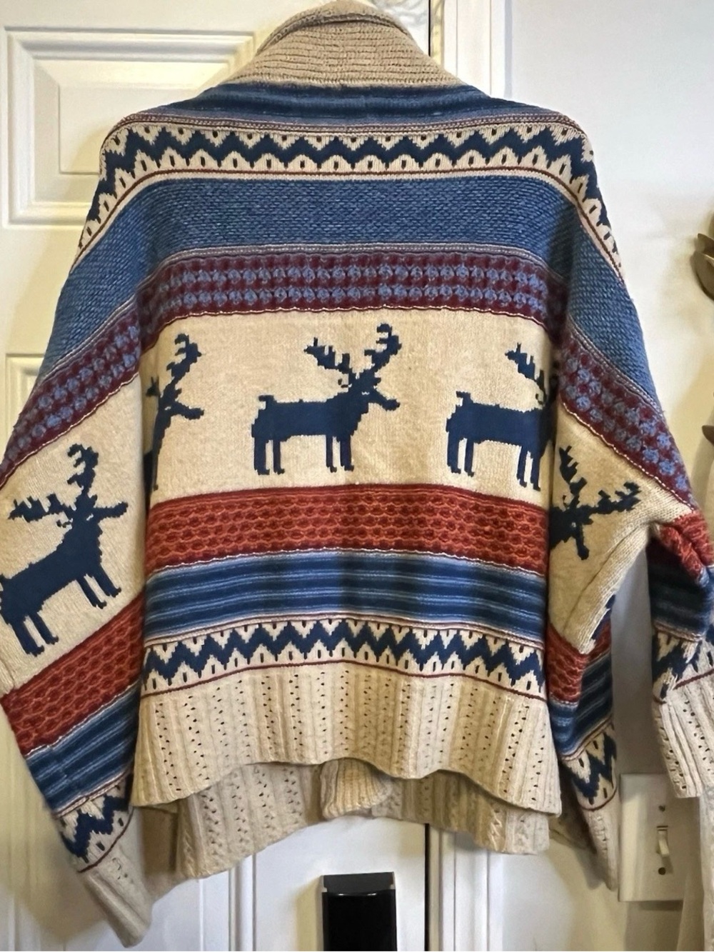 Oversized Chunky Knit Fair Isle Shawl Collar Sweater Moose Blue L XL Gorpcore - Picture 3 of 8